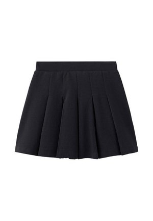 Mini-jupe plissée noire avec une taille ajustée et des plis verticaux régulièrement espacés.