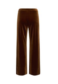 Pantaloni evazați din catifea maro, cu o textură netedă, dotati cu un brâu elastic confortabil și margini curate.