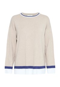 Pull beige à manches longues avec un bord bleu et blanc sur le col, les poignets et l'ourlet, présenté sur un fond blanc.