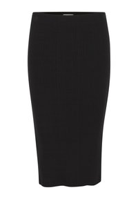 Jupe crayon noire à côtes avec une taille haute, fabriquée dans un matériau extensible. Texture lisse et forme ajustée, atteignant la longueur mi-mollet.