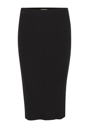 Falda lápiz negra con canalé y cintura alta, hecha de un material elástico. Textura suave y forma ajustada, alcanzando la longitud a mitad de la pantorrilla.