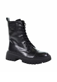 Czarne skórzane buty wojskowe z okrągłym noskiem, textured gumową podeszwą i wieloma otworami na sznurowadła. Posiadają naszywkę z logo z boku.