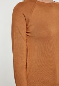 Brauner Strickpullover mit Rundhalsausschnitt, strukturierter Stoff und langen Raglanärmeln. Das Design zeichnet sich durch einen subtilen Glanz und eine taillierte Silhouette aus.