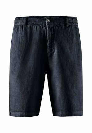 Pantaloncini neri al ginocchio con vita elasticizzata, chiusura con bottone, passanti per cintura e tasche frontali, realizzati in tessuto leggero.