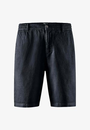 Czarne szorty do kolan z elastycznym pasem, zapinane na guzik, z szlufkami i kieszeniami z przodu, wykonane z lekkiego materiału.