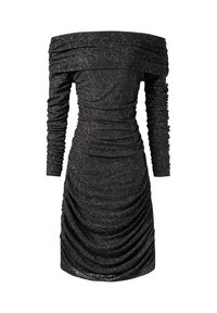 Robe noire épaules dénudées avec manches longues, en tissu texturé et détails froncés sur le corps pour une silhouette ajustée.