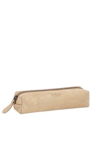 Goldfarbene Wildleder-Stiftetasche mit Reißverschluss, rechteckiger Form und glatter Textur. Verfügt über einen kleinen Lederzipper.