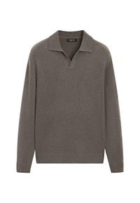 Langärmliger sweater in taupebraun aus Strick mit gerippten Bündchen und Saum, mit einem breiten Kragen und einem kurzen V-Ausschnitt.