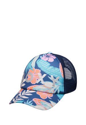 Baseballcap mit navyfarbenem Mesh-Rücken und blauem, floralen Vorderteil mit großen Blumen in Pink, Orange und Türkis sowie silbernem "ROXY"-Schriftzug vorne.