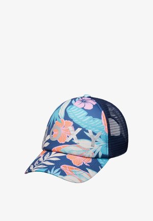 Casquette de baseball avec dos en mesh bleu marine et devant bleu fleuri présentant de grandes fleurs roses, orange et turquoises, avec le texte argenté "ROXY" en travers devant.