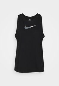 Top atlético sin mangas negro con escote redondo, que presenta un logo de Nike en plata reflectante en el pecho y un corte holgado.