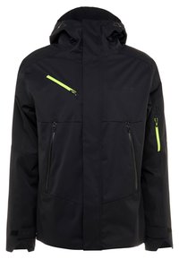 Veste à capuche noire avec trois poches zippées, présentant des accents jaune fluo sur la poitrine et les manches, ainsi que des sangles réglables aux poignets.