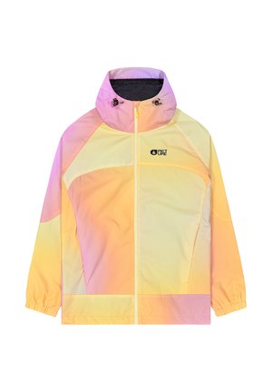 Lightweight, hooded jacket in gradient pastel colors (yellow to pink) with a zip front, elastic cuffs, and logo on the chest.