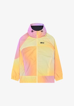 Lightweight, hooded jacket in gradient pastel colors (yellow to pink) with a zip front, elastic cuffs, and logo on the chest.