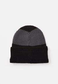 Knit beanie in black and gray, featuring a contrasting striped design, textured material, and a folded cuff for a secure fit.