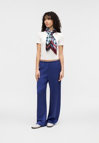 Ελαφρύ, εφαρμοστό τοπ σε ανοιχτό χρώμα, συνδυασμένο με φαρδιά μπλε παντελόνια από σατέν. Ένα μαντήλι από μεταξωτό ύφασμα με σχέδια είναι δεμένο γύρω από τον λαιμό. Το σύνολο ολοκληρώνουν ελαφριά επίπεδα παπούτσια.