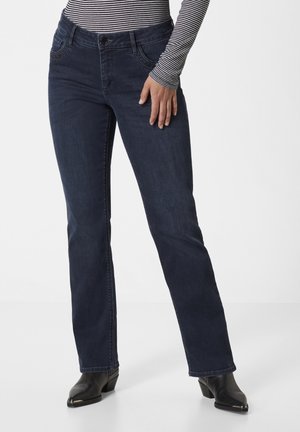 Dark blue denim jeans with a straight fit, featuring five pockets, a button closure, and a slight stretch for comfort.