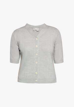 Lys grå kortærmet cardigan med V-hals, struktureret mønster og seks cremefarvede knapper ned ad fronten. Lavet af et blødt materiale.