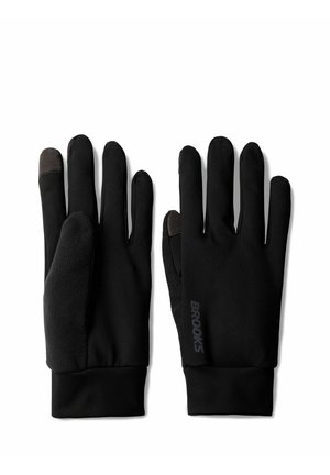 Een paar zwarte handschoenen met touchscreen-compatibele punten op duim en wijsvinger, met een zachte, getextureerde palm en "BROOKS" logo op de achterkant.