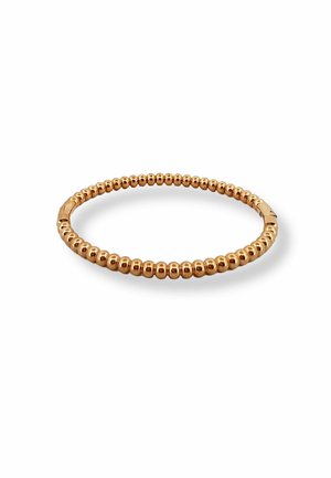 Gold-toned beaded ring with a circular shape, featuring evenly spaced round beads and a smooth surface. Simple and elegant design.