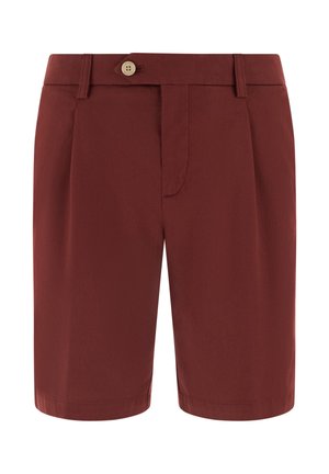 Skræddersyede shorts i rustfarvet med bæltestropper, frontknaplukning og diskrete forprægninger, knælængde design.