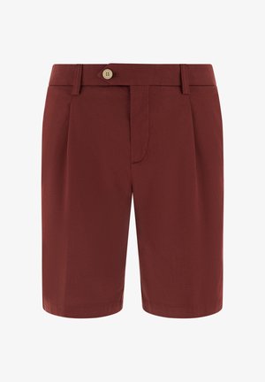 Skræddersyede shorts i rustfarvet med bæltestropper, frontknaplukning og diskrete forprægninger, knælængde design.