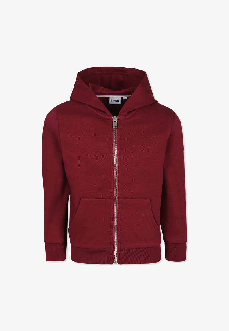 Bordeaux rits-hoodie met een voorrits, twee voorzakken en een gevoerde capuchon met geribbelde manchetten en zoom. Zachte katoenen blend stof.