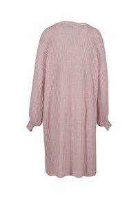 Roze gebreide cardigan met een losse fit, lange mouwen en een textuurstof. Beschikt over een ronde halslijn en ribgebreide accenten op de mouwen.