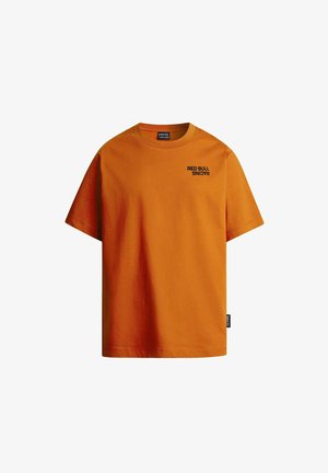 Pomarańczowa bawełniana koszulka z krótkim rękawem, okrągły dekolt, z czarnym logo „RED BULL RACING” na lewej piersi, luźny krój.
