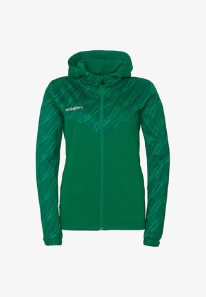 Grøn atletisk jakke med hætte, der har et struktureret mønster på den øverste halvdel, lynlås foran og tætsiddende ærmer. Fremstillet af syntetisk materiale.