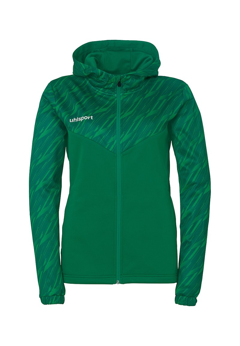 Grøn atletisk jakke med hætte, der har et struktureret mønster på den øverste halvdel, lynlås foran og tætsiddende ærmer. Fremstillet af syntetisk materiale.