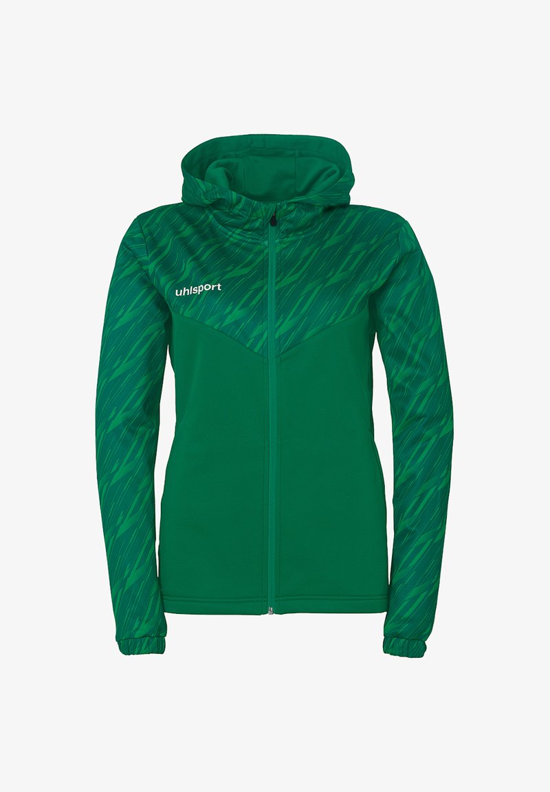 Grøn atletisk jakke med hætte, der har et struktureret mønster på den øverste halvdel, lynlås foran og tætsiddende ærmer. Fremstillet af syntetisk materiale.