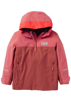 Chaqueta impermeable en tonos de rosa, con capucha, cierre de cremallera, acentos reflectantes y puños elásticos. Ligera y de diseño deportivo.