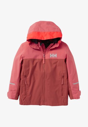 Voděodolná bunda v odstínech růžové, s kapucí, zipem, reflexními detaily a elastickými manžetami. Lehká s sportovním designem.