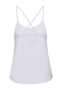 Witte mouwloze top met kruislings straps, gemaakt van gladde stof. Heeft een ronde halslijn en een ontspannen pasvorm, met een zoom die op de heup valt.