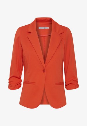 Oranger Blazer aus weichem Stoff, mit Reverskragen, langen Ärmeln mit hochgeschlagenen Manschetten und zwei vorderen Taschen mit einem Knopfverschluss.