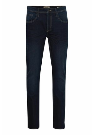 Mørkeblå denimjeans med rett ben-design, med kontrasterende gul søm, fem lommer og glidelås.