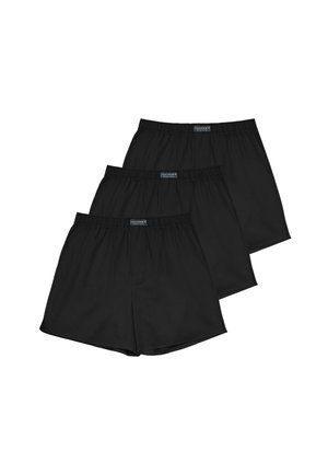 Drei schwarze Boxershorts mit elastischem Bund übereinander gestapelt, jeweils mit einem kleinen rechteckigen Etikett mittig am Bund.