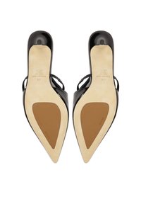 Black patent leather high-heeled shoes with a pointed toe and open back. Features a beige sole and straps for a secure fit. Size 37.