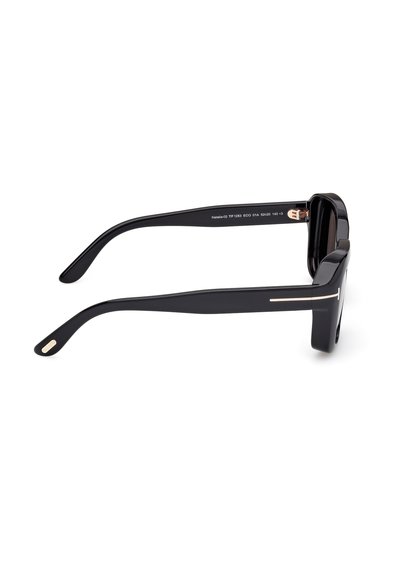 Schwarz rechteckige Sonnenbrille mit dicken Rahmen, ausgestattet mit einem dünnen goldenen Akzent an den Bügeln und einer glatten Kunststoffoberfläche.