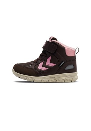 Børns brune og pink vandtætte høje sneakers med velcrolukning, snørebånd og beige tekstureret sål.