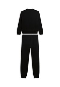 Conjunto de sudadera y pantalones deportivos de algodón negro. Presenta puños y cintura acanalados, ajuste relajado y textura suave. Diseño simple, sin estampados.