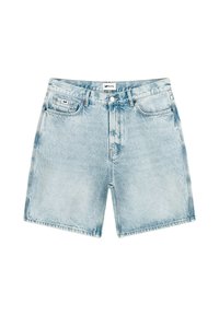 Giacchettini di jeans blu chiaro con taglio dritto, cinque tasche e chiusura frontale con bottone. Texture consumata e orli leggermente sfrangiati.