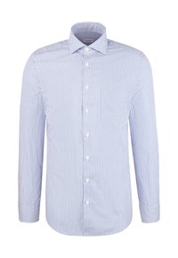 Chemise à manches longues à rayures verticales bleu clair et blanches, avec une poche poitrine et un col classique.