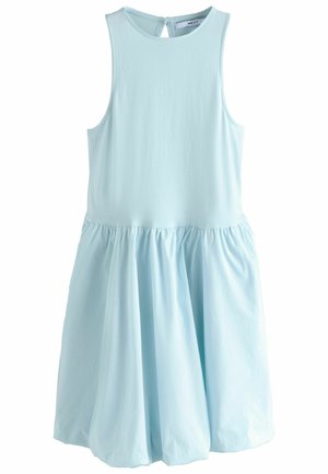 Himmelblaues ärmelloses Kleid aus weichem Stoff, mit einem gerafften Rock und einem Schlüsselaugenverschluss am Rücken. Einfaches, lässiges Design.