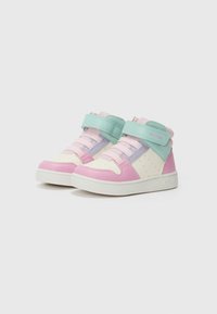 Toddler high-top sneakers with pink, purple, and teal accents, pink laces, and teal Velcro strap, on white background.