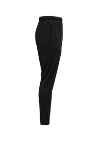 Pantalon de sport noir avec un design épuré, doté d'une taille élastique et de jambes fuselées, fabriqué en tissu léger et lisse.