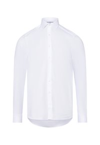 Camicia bianca a maniche lunghe realizzata in tessuto morbido, con chiusura a bottoni sul davanti, colletto classico e orlo arrotondato. Presenta maniche con polsini.