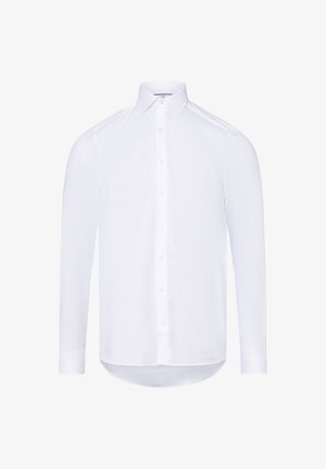 White long-sleeve shirt made of smooth fabric with a button-down front, classic collar, and rounded hem. Features cuffed sleeves.
