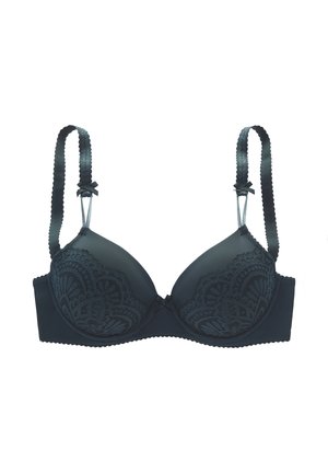 Black lace bra with padded cups, adjustable satin straps, and small bows near strap attachments on a white background.